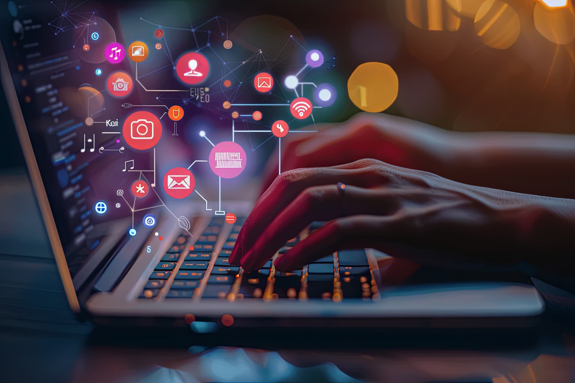 Mãos no teclado com ícones de comunicação digital